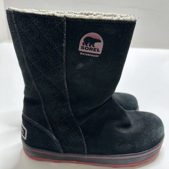 SOREL Glacy Black & Pink/Red Sherpa Lined Waterproof Suede Boots - Women Size 7 - Picture 1 of 13